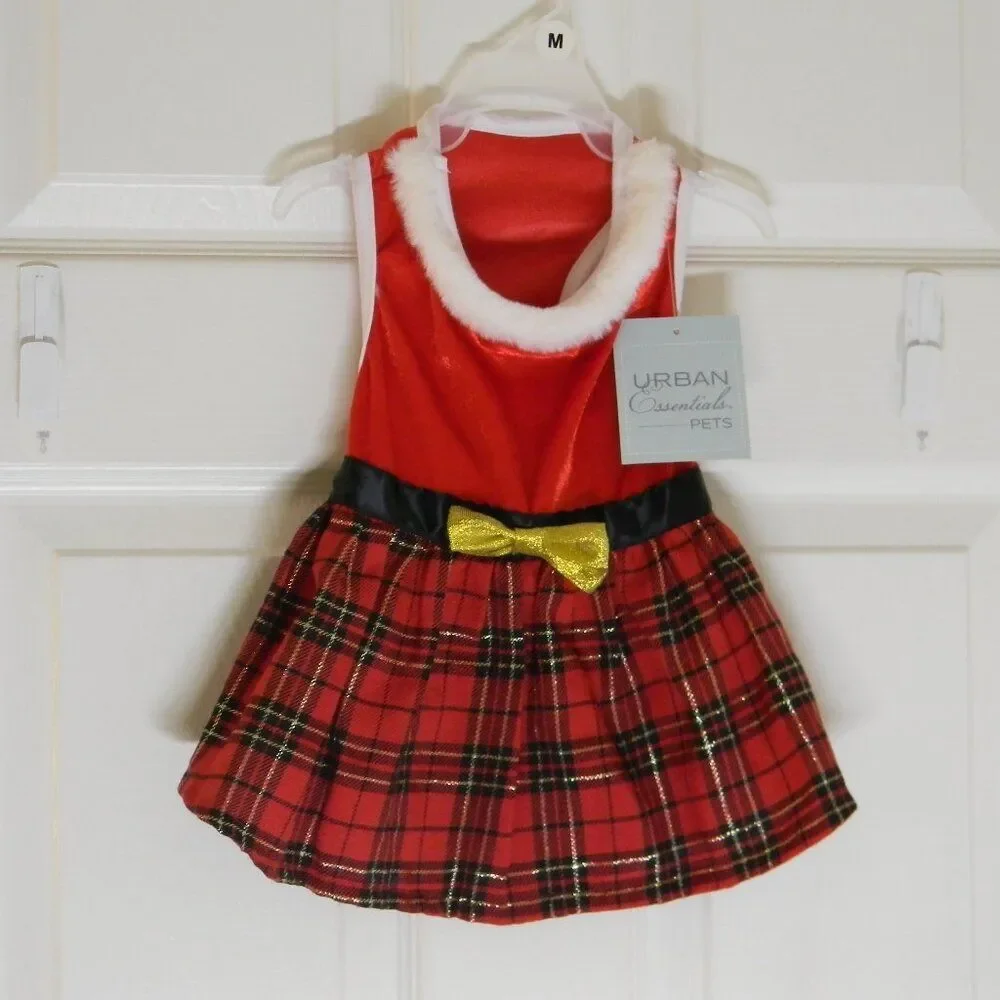 Urban Essentials Pets Christmas Dog Dress Plaid Skirt Holiday Red Gold NWT